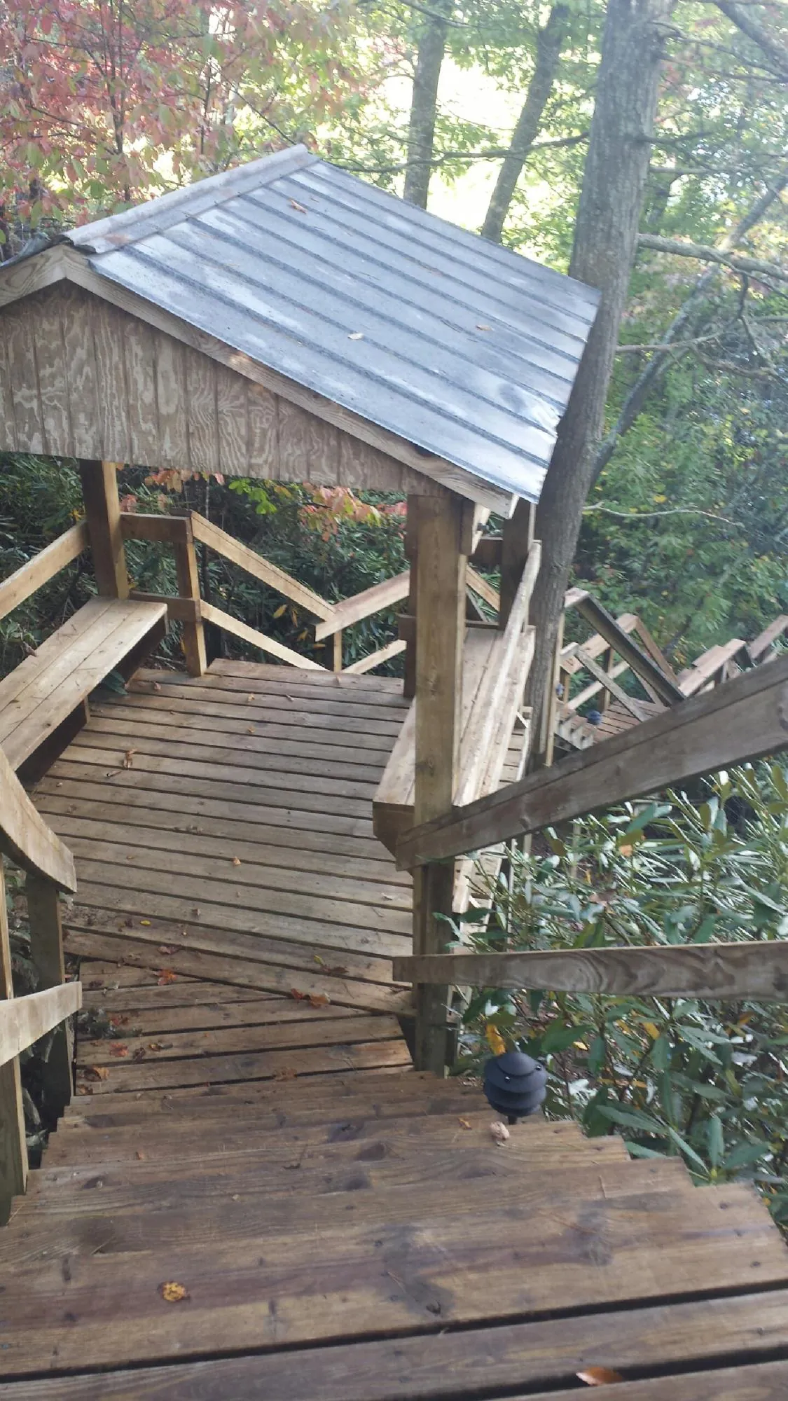 Metal roofed shelter over wooden steps on a wooded walkway — Skylight Repair & Installation work by our crew in Corbin